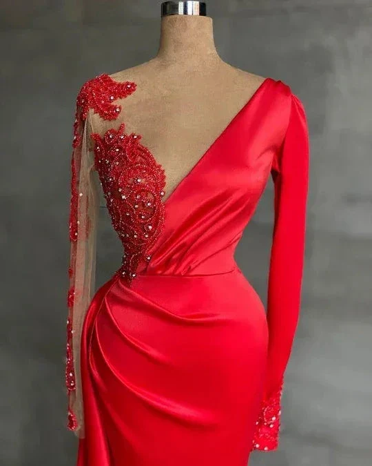 Long Red Satin Evening Dresses Sheer Neckline Long Sleeve Beaded African High Slit Women Formal Prom Dress S24678 - Image 2