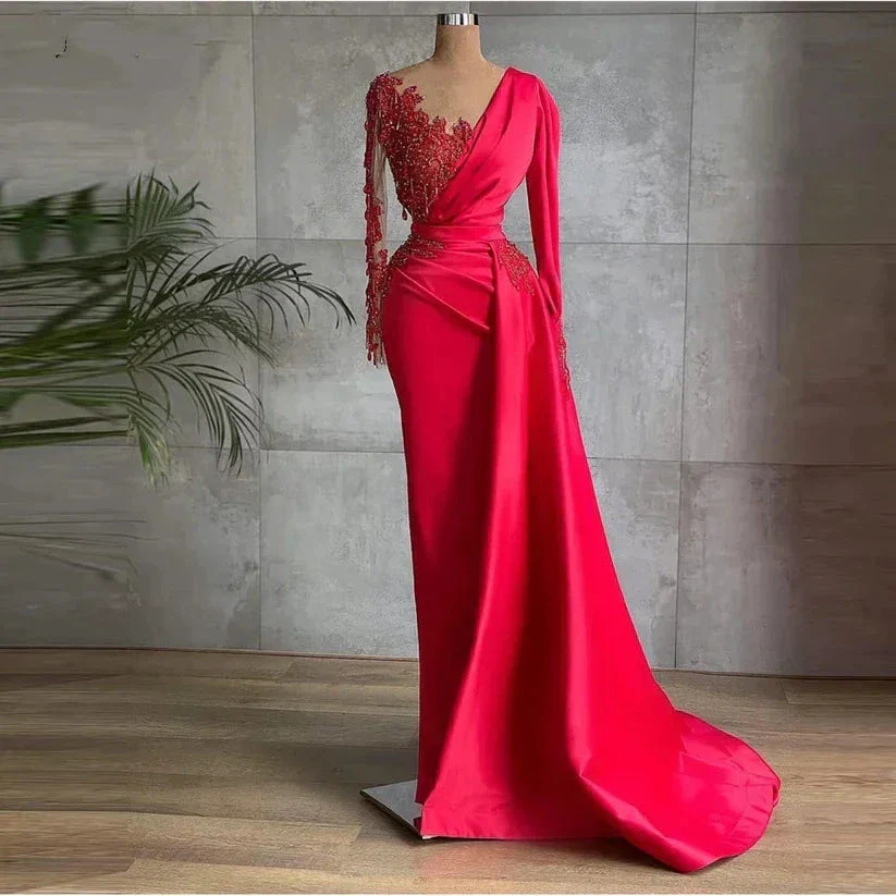 Long Red Satin Evening Dresses Sheer Neckline Long Sleeve Beaded African High Slit Women Formal Prom Dress S24678 - Image 3