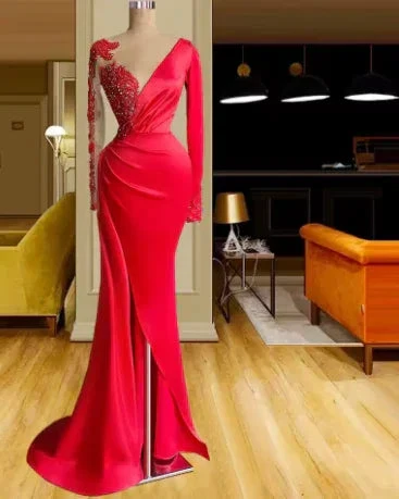 Long Red Satin Evening Dresses Sheer Neckline Long Sleeve Beaded African High Slit Women Formal Prom Dress S24678 - Image 4
