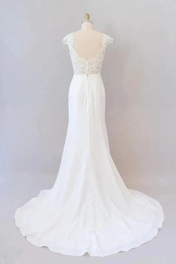 Long Sheath  Illusion Lace Wedding Dress with Cap Sleeve - Image 2
