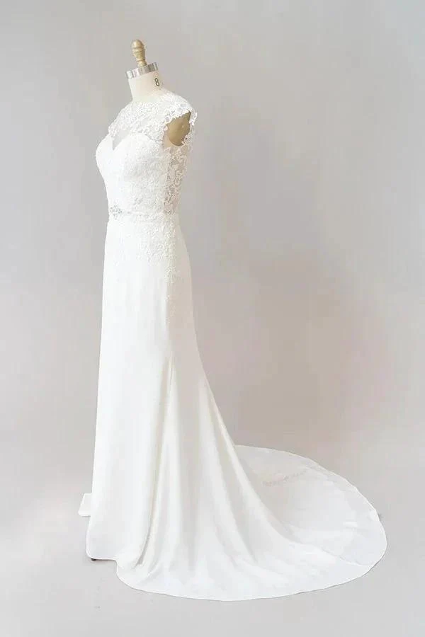Long Sheath  Illusion Lace Wedding Dress with Cap Sleeve - Image 3
