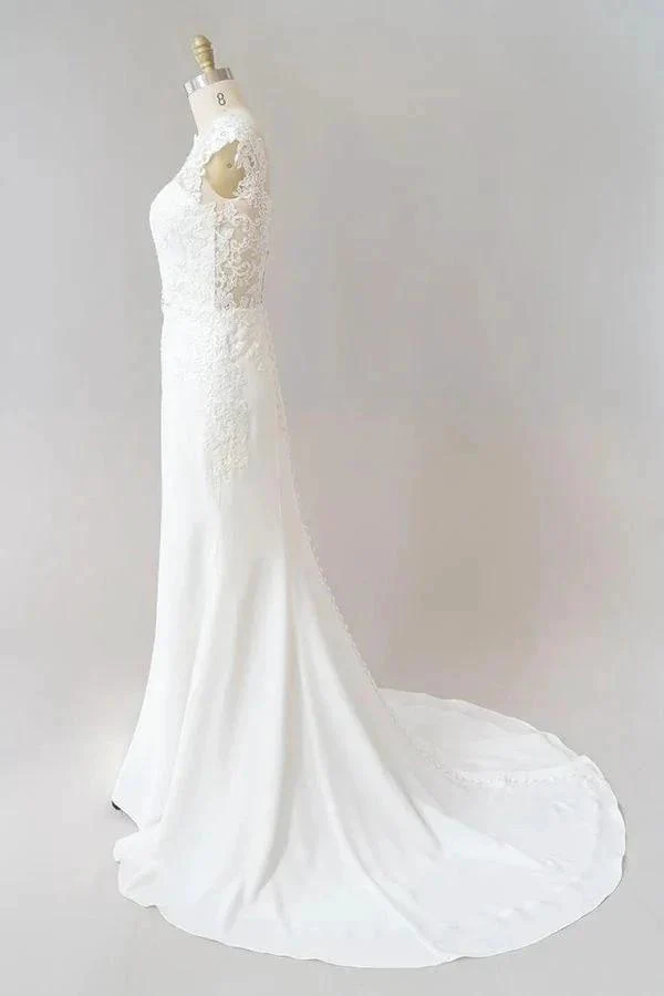 Long Sheath  Illusion Lace Wedding Dress with Cap Sleeve - Image 4