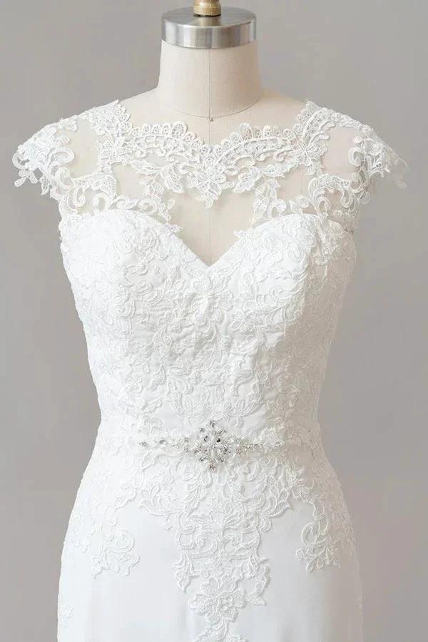Long Sheath  Illusion Lace Wedding Dress with Cap Sleeve - Image 5