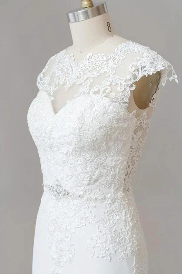 Long Sheath  Illusion Lace Wedding Dress with Cap Sleeve - Image 6