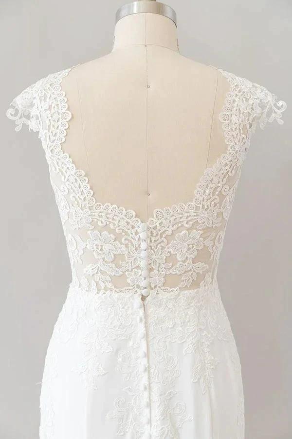Long Sheath  Illusion Lace Wedding Dress with Cap Sleeve - Image 7