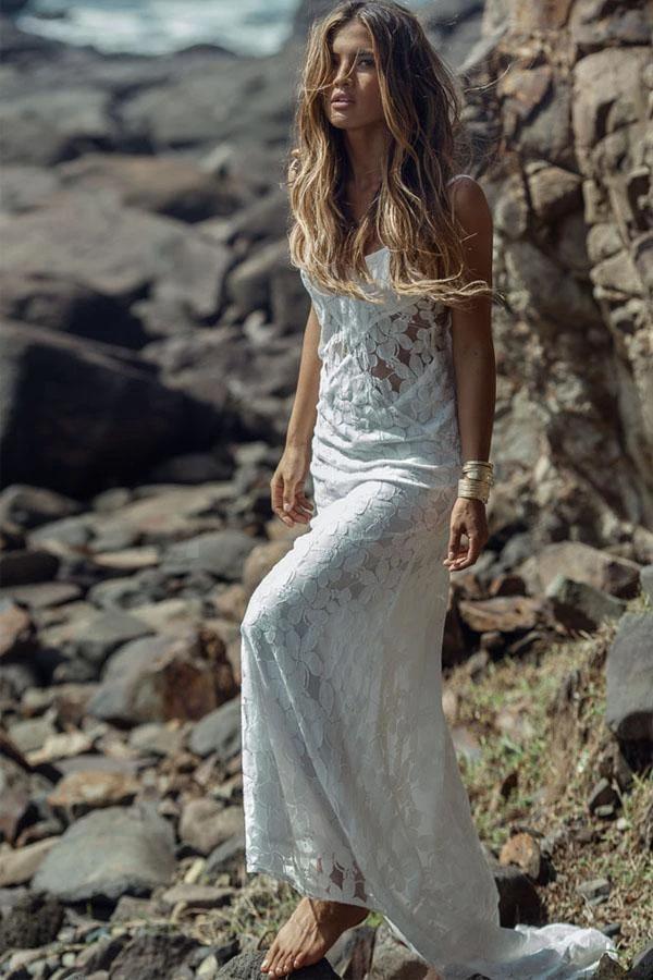 Long Sheath Spaghetti Straps Lace Beach Wedding Dresses WD133 - Image 2