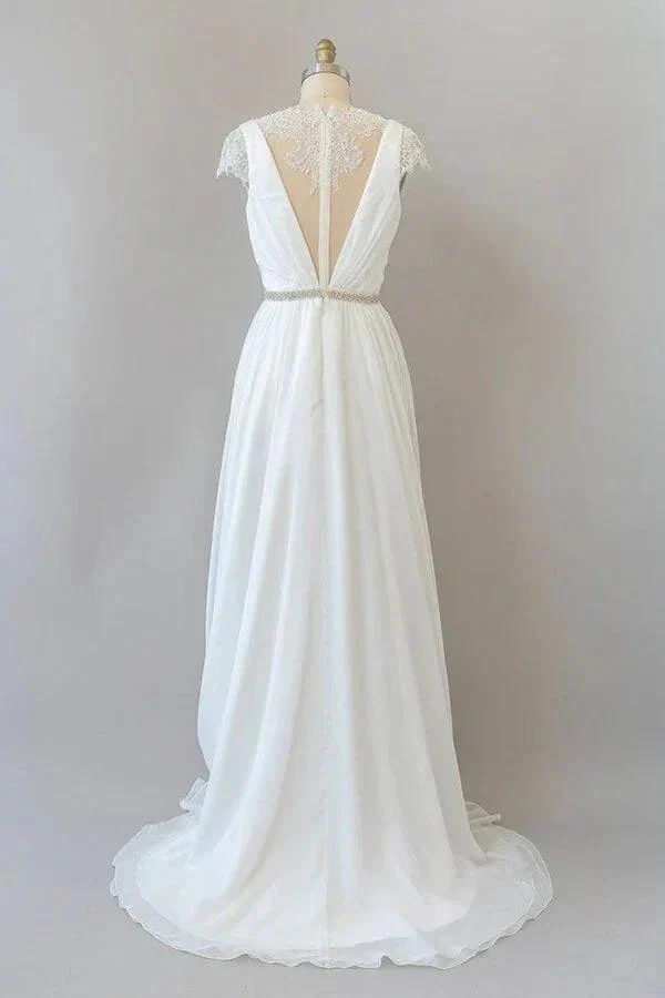 Long Sheath V-neck Lace Chiffon Wedding Dress with Cap Sleeves - Image 2
