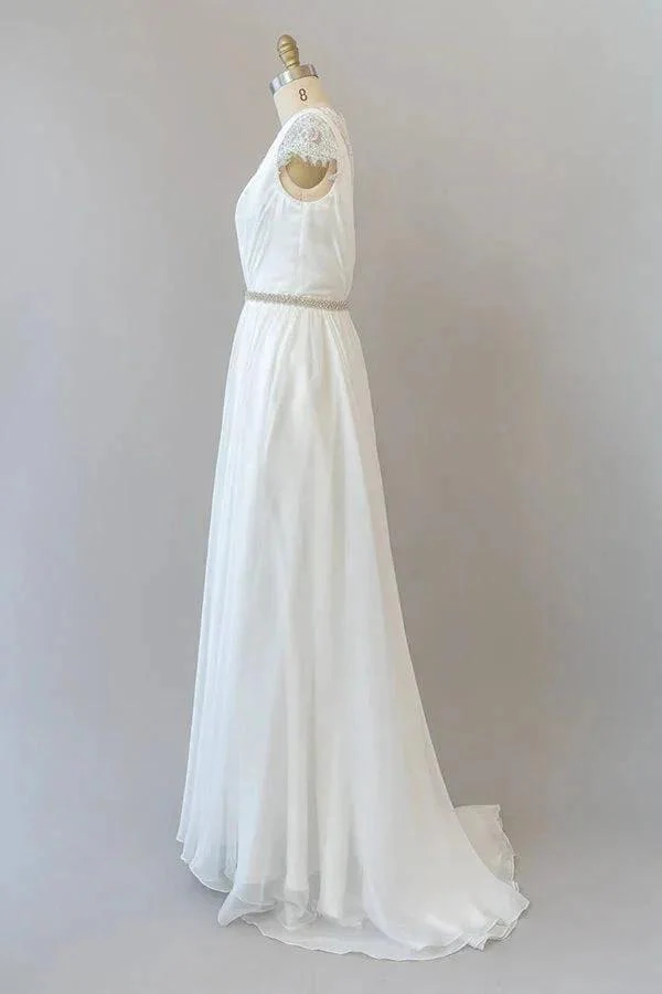 Long Sheath V-neck Lace Chiffon Wedding Dress with Cap Sleeves - Image 3