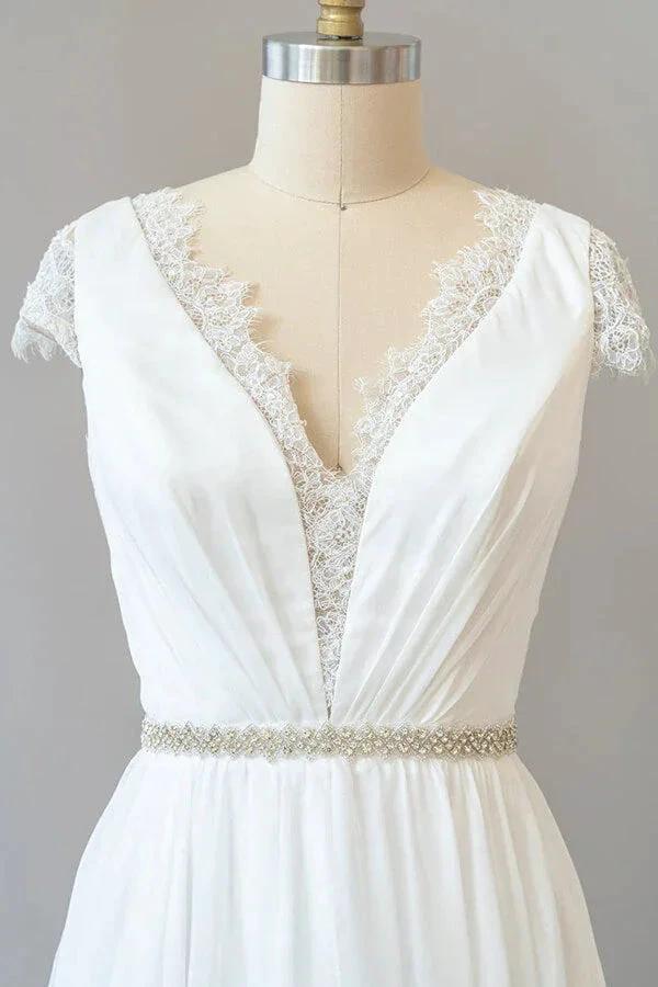 Long Sheath V-neck Lace Chiffon Wedding Dress with Cap Sleeves - Image 4