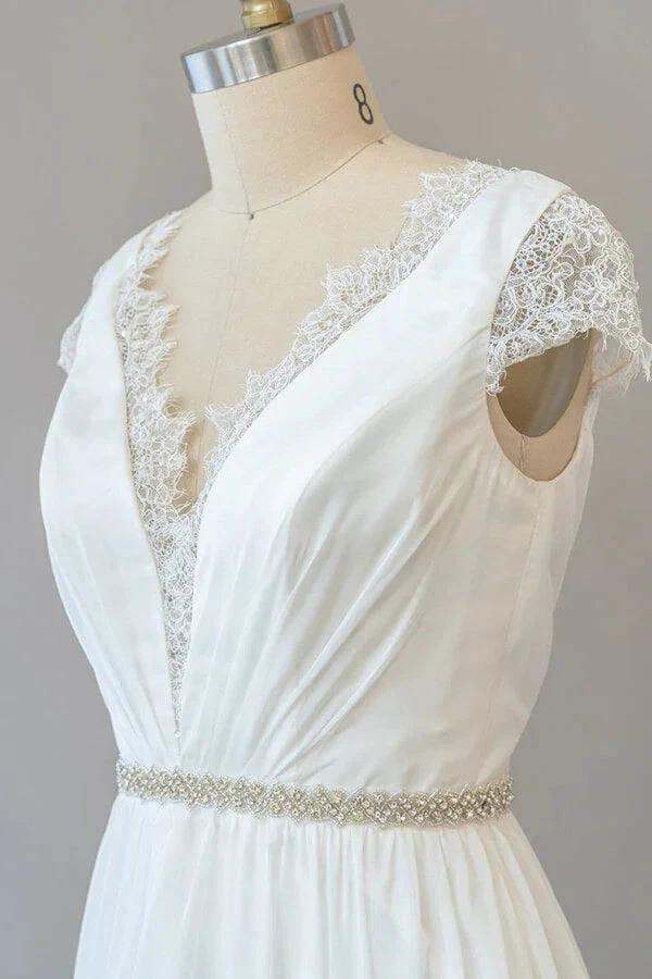 Long Sheath V-neck Lace Chiffon Wedding Dress with Cap Sleeves - Image 5