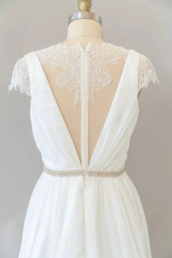Long Sheath V-neck Lace Chiffon Wedding Dress with Cap Sleeves - Image 6