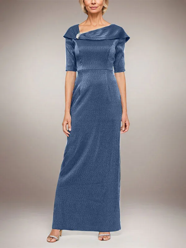 Long Shimmer Column Dress with Foldover Cuff L-Neckline and Elbow Sleeves - Image 11