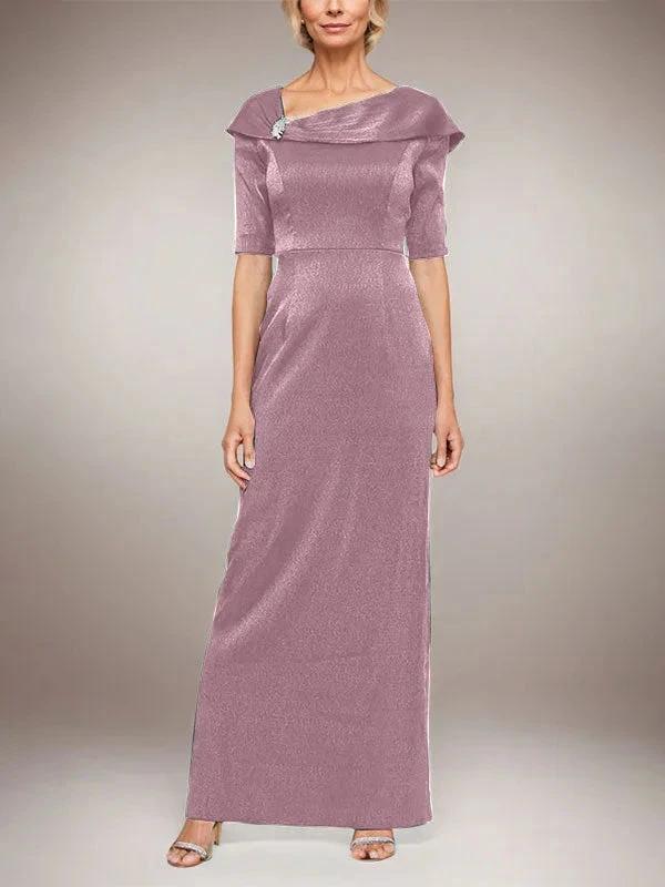 Long Shimmer Column Dress with Foldover Cuff L-Neckline and Elbow Sleeves - Image 12