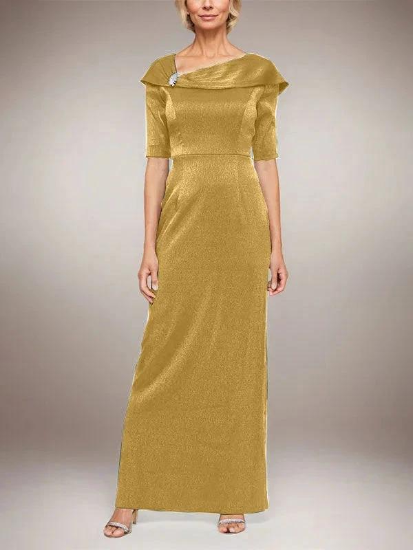 Long Shimmer Column Dress with Foldover Cuff L-Neckline and Elbow Sleeves - Image 14