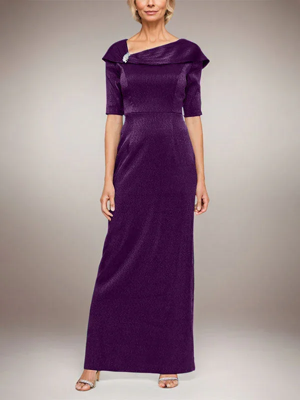 Long Shimmer Column Dress with Foldover Cuff L-Neckline and Elbow Sleeves - Image 15