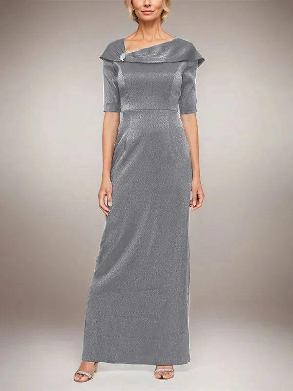 Long Shimmer Column Dress with Foldover Cuff L-Neckline and Elbow Sleeves - Image 17