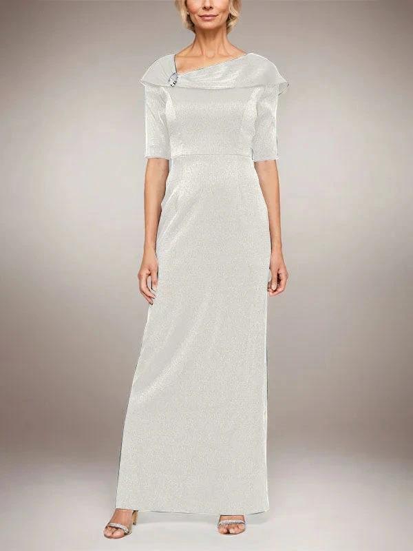 Long Shimmer Column Dress with Foldover Cuff L-Neckline and Elbow Sleeves - Image 19