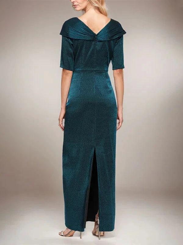 Long Shimmer Column Dress with Foldover Cuff L-Neckline and Elbow Sleeves - Image 2