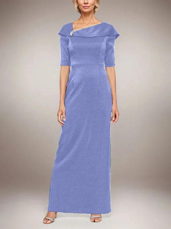 Long Shimmer Column Dress with Foldover Cuff L-Neckline and Elbow Sleeves - Image 20