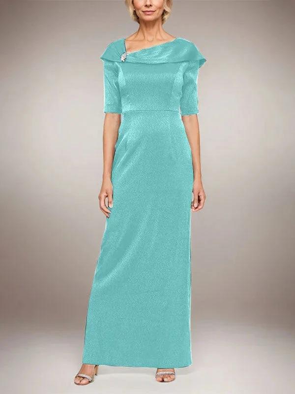 Long Shimmer Column Dress with Foldover Cuff L-Neckline and Elbow Sleeves - Image 22