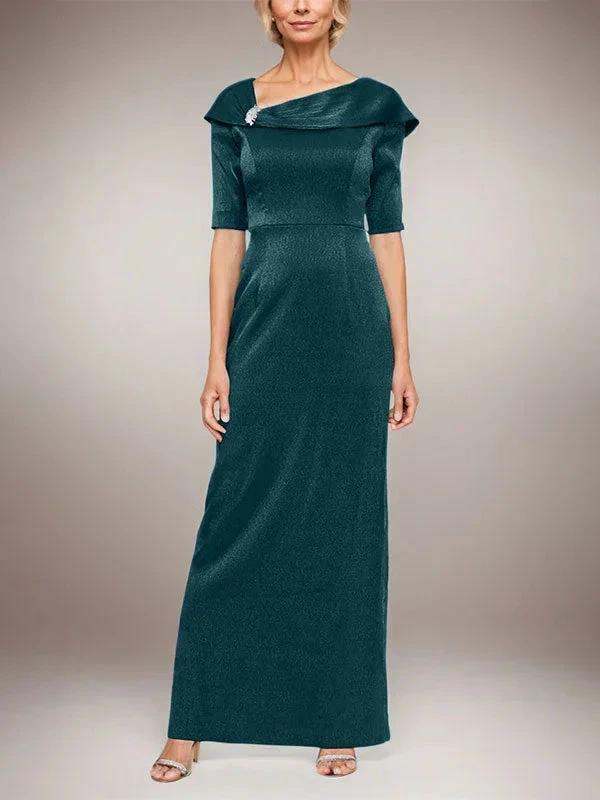 Long Shimmer Column Dress with Foldover Cuff L-Neckline and Elbow Sleeves - Image 27