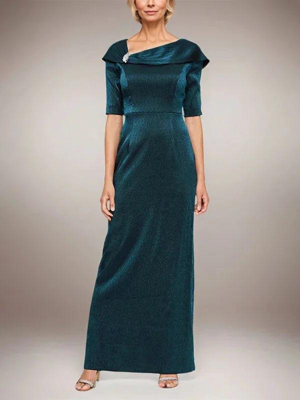 Long Shimmer Column Dress with Foldover Cuff L-Neckline and Elbow Sleeves - Image 3