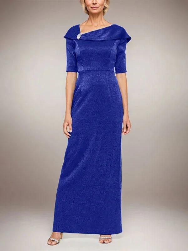 Long Shimmer Column Dress with Foldover Cuff L-Neckline and Elbow Sleeves - Image 33