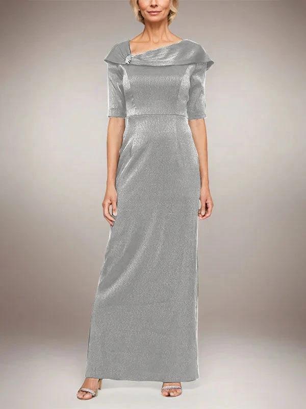Long Shimmer Column Dress with Foldover Cuff L-Neckline and Elbow Sleeves - Image 35