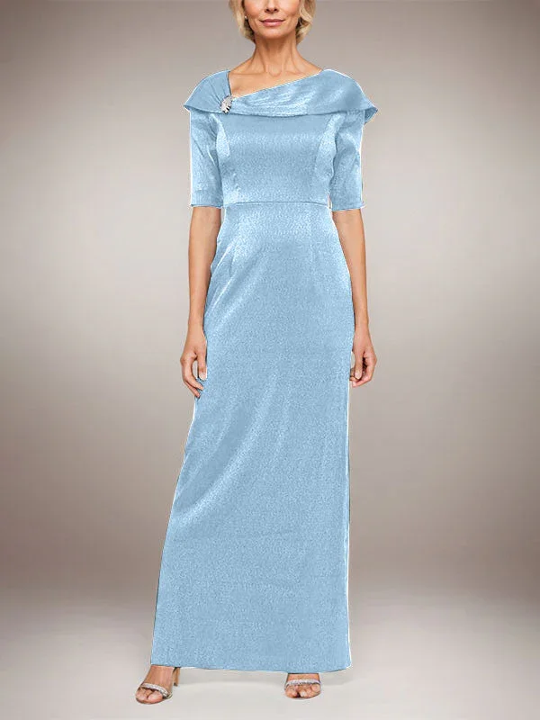 Long Shimmer Column Dress with Foldover Cuff L-Neckline and Elbow Sleeves - Image 5