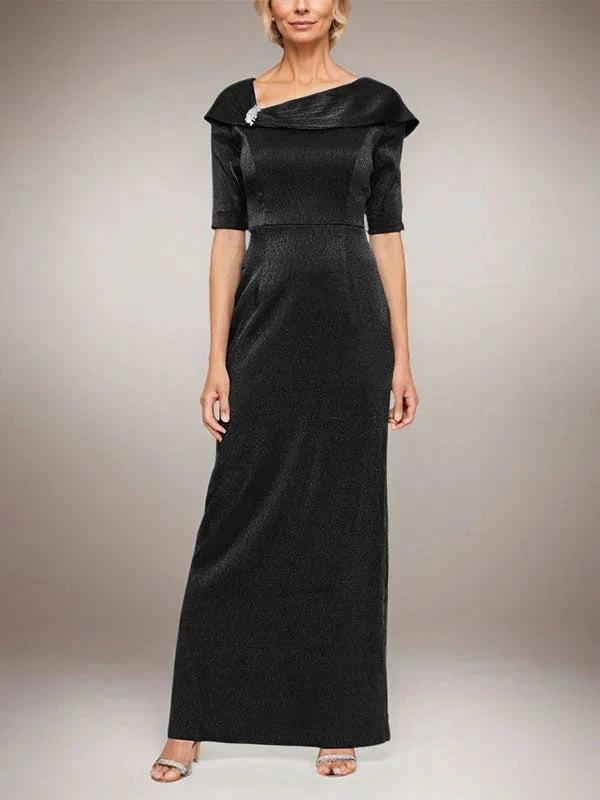 Long Shimmer Column Dress with Foldover Cuff L-Neckline and Elbow Sleeves - Image 6