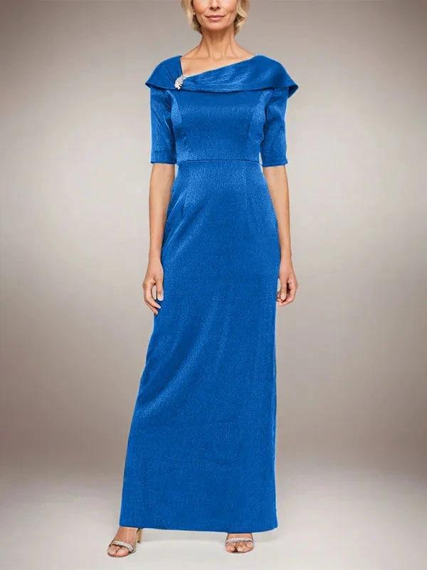Long Shimmer Column Dress with Foldover Cuff L-Neckline and Elbow Sleeves - Image 7