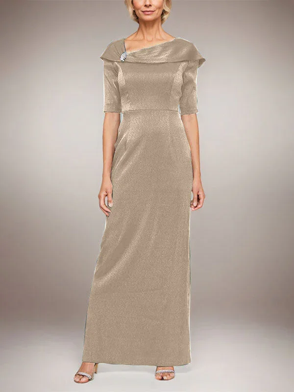 Long Shimmer Column Dress with Foldover Cuff L-Neckline and Elbow Sleeves - Image 9