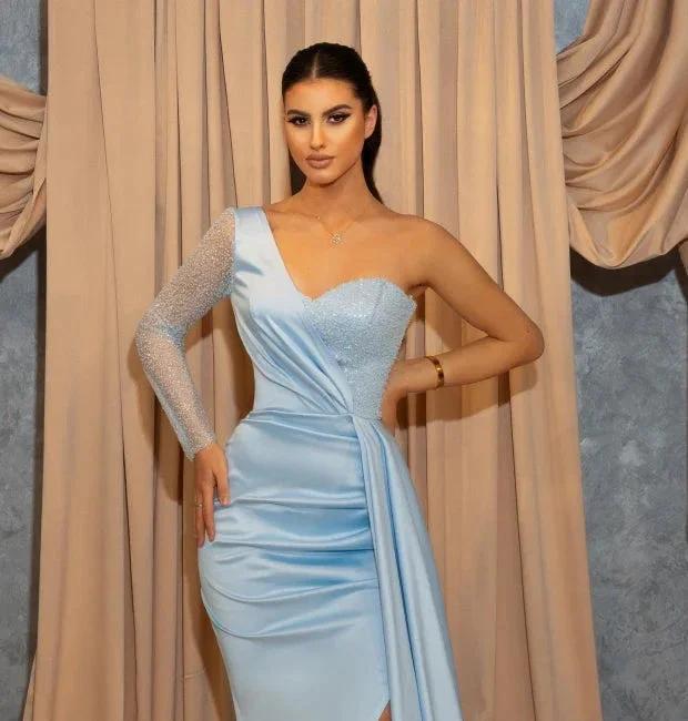 Long Sky Blue One Shoulder Glitter Slit Mermaid Prom Dresses - Image 2
