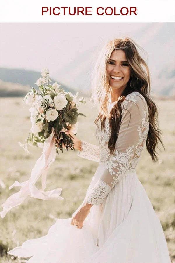Long Sleeve A-line Appliques Lace Chiffon Wedding Dress - Image 2