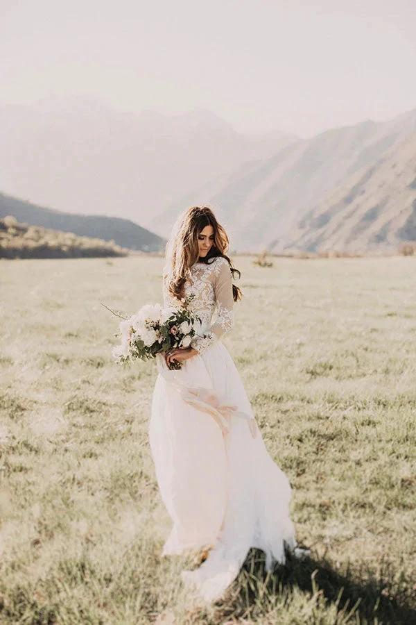 Long Sleeve A-line Appliques Lace Chiffon Wedding Dress - Image 3