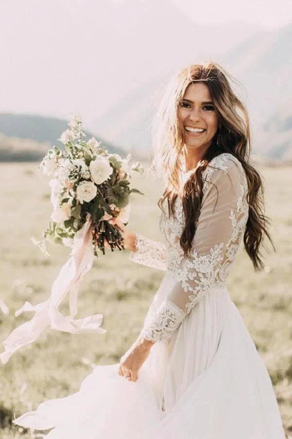 Long Sleeve A-line Appliques Lace Chiffon Wedding Dress - Image 5