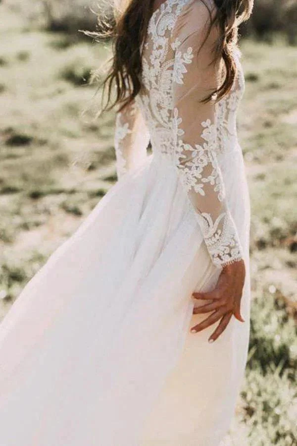 Long Sleeve A-line Appliques Lace Chiffon Wedding Dress - Image 6