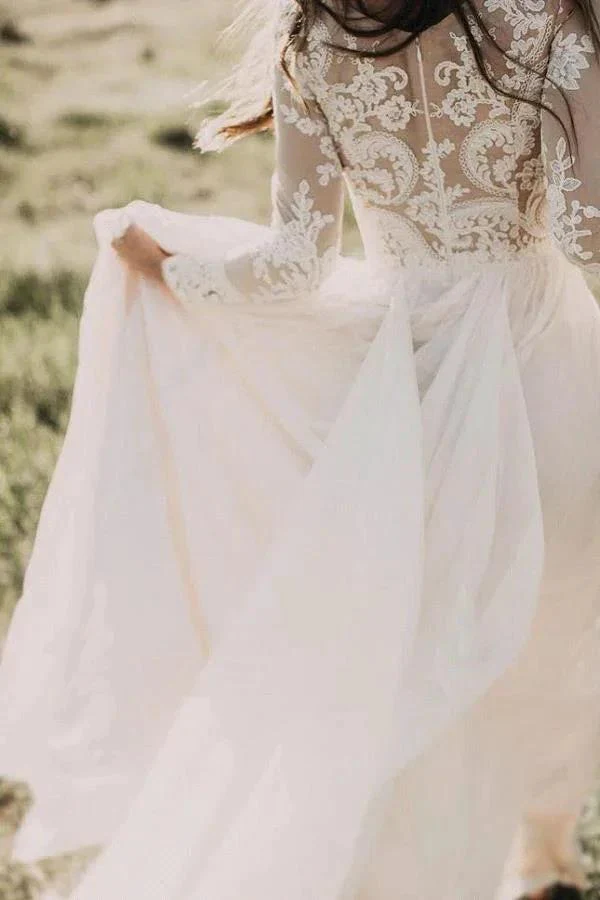 Long Sleeve A-line Appliques Lace Chiffon Wedding Dress - Image 7
