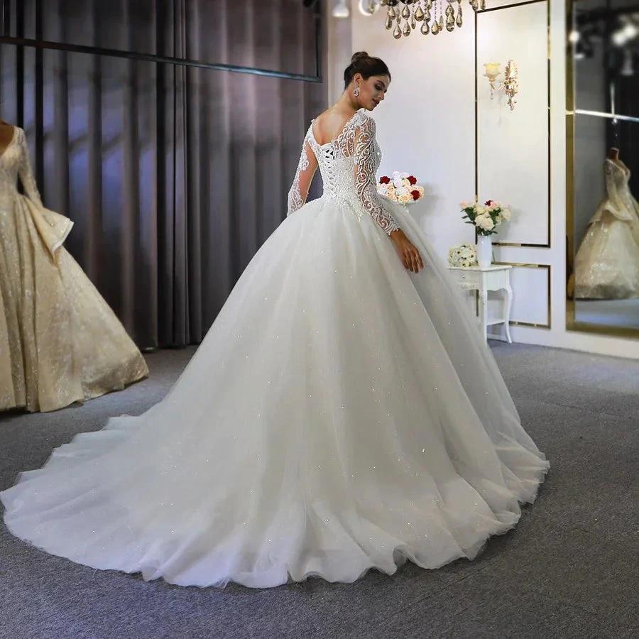 Long Sleeve A-Line Bateau Appliques Lace Sequins Wedding Dress - Image 2