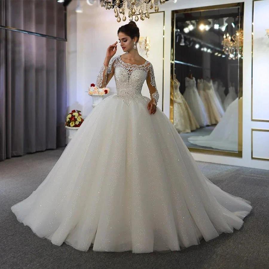 Long Sleeve A-Line Bateau Appliques Lace Sequins Wedding Dress - Image 3