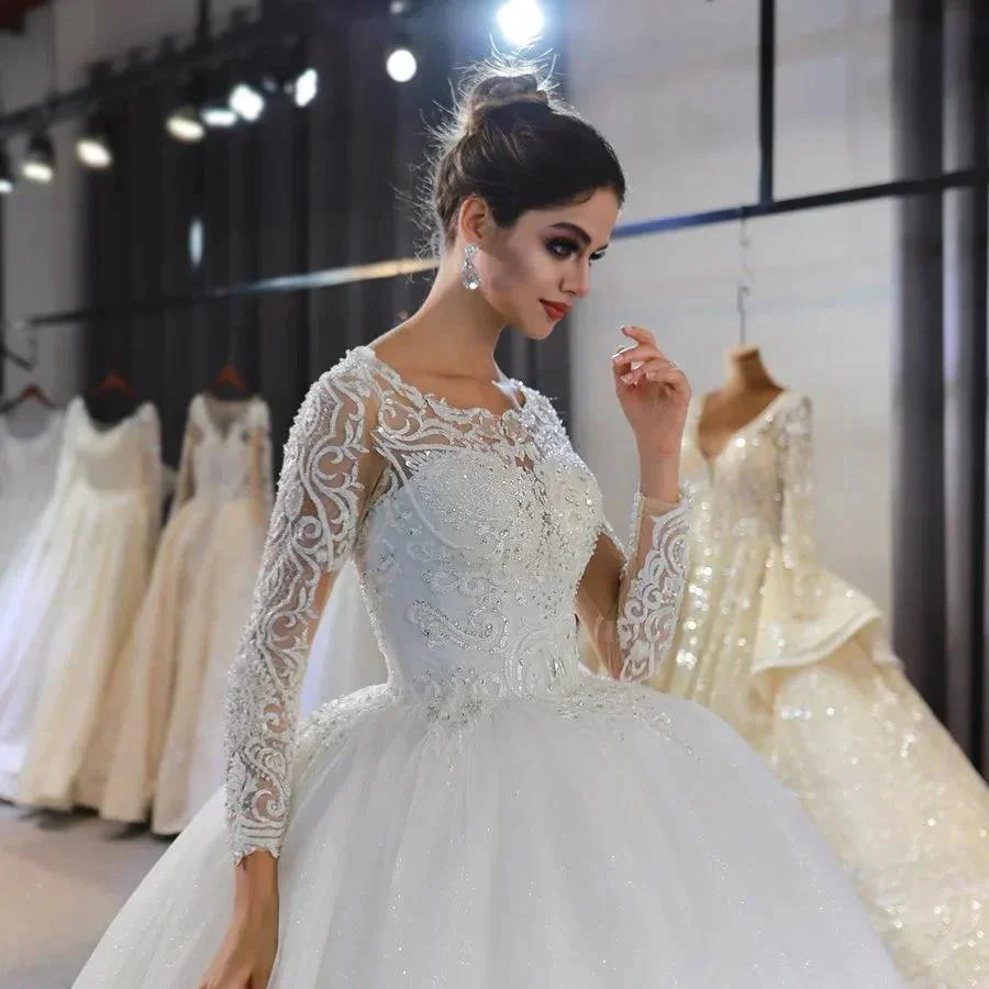 Long Sleeve A-Line Bateau Appliques Lace Sequins Wedding Dress - Image 4