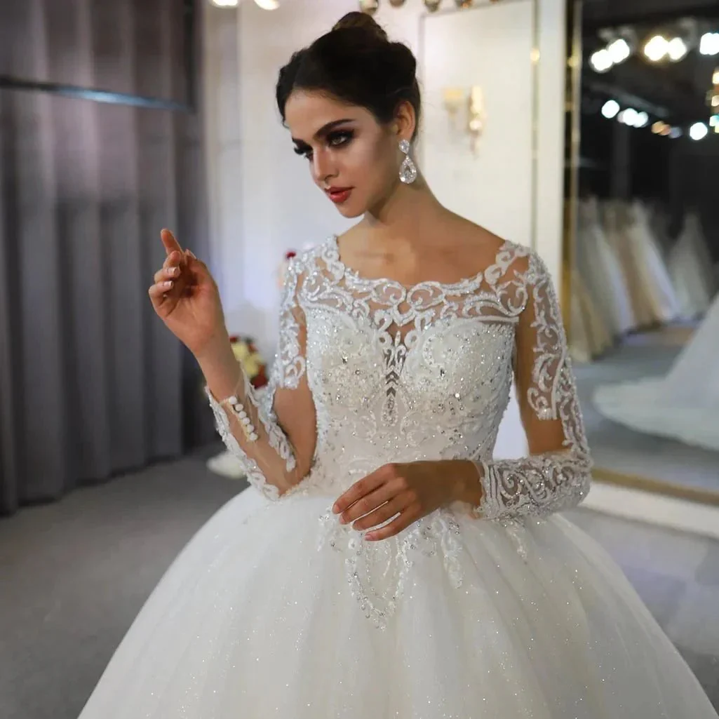 Long Sleeve A-Line Bateau Appliques Lace Sequins Wedding Dress - Image 5