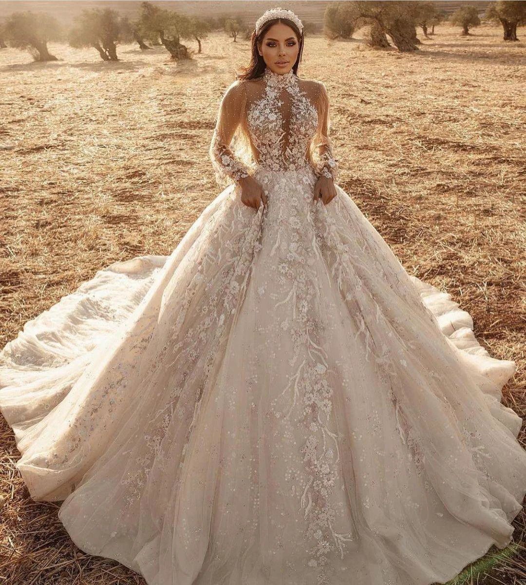 Long Sleeve A-Line High-neck Appliques Lace Tulle Wedding Dress - Image 2