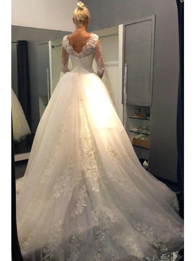 Long Sleeve A-Line Jewel Neck Court Train Lace Tulle Wedding Dresses - Image 2