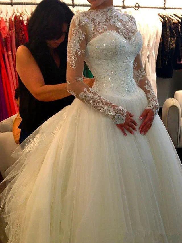 Long Sleeve A-Line Jewel Neck Court Train Lace Tulle Wedding Dresses - Image 3