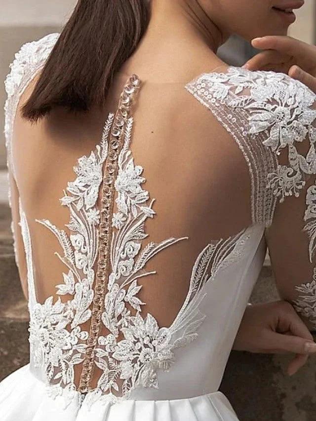 Long Sleeve A-Line Jewel Neck Sweep Brush Train Lace Satin Wedding Dresses with Pockets - Image 2