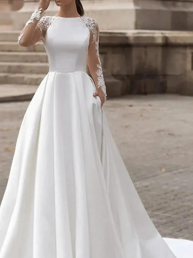 Long Sleeve A-Line Jewel Neck Sweep Brush Train Lace Satin Wedding Dresses with Pockets - Image 3