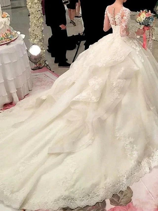 Long Sleeve A-Line Scoop Neck Court Train Organza Wedding Dresses - Image 2
