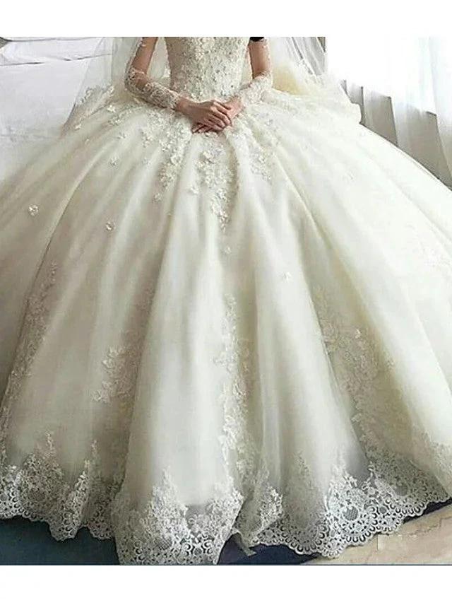 Long Sleeve A-Line Scoop Neck Court Train Organza Wedding Dresses - Image 3