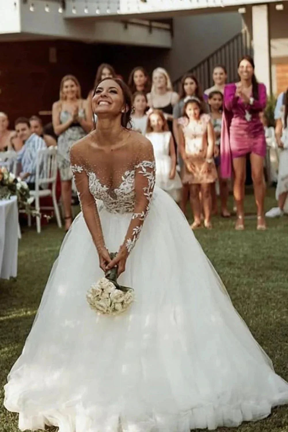 Long Sleeve A-line Sweetheart Tulle Lace Wedding Dress - Image 3